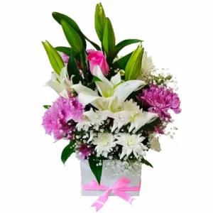 A fragrant Lilli 5 stems of pink and white chrysanthemums a rose and baby's breath in a white or black square box