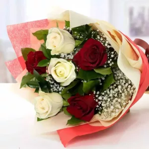 6 red and white South African roses baby's breath and extra seasonal leaves